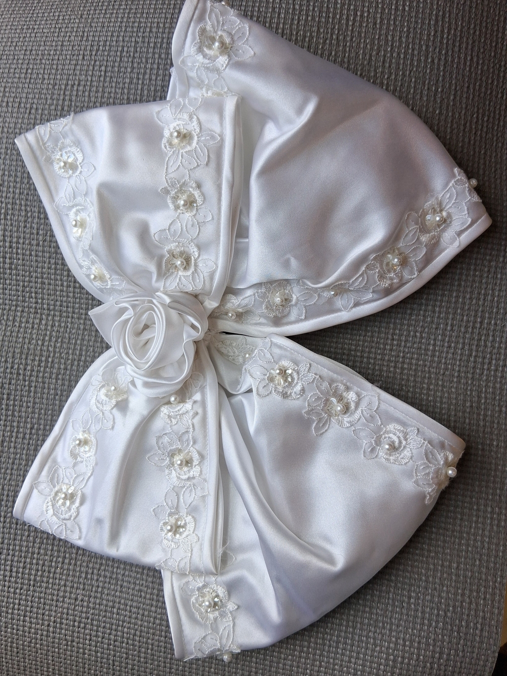 White Satin Floral Embellished Bow.
